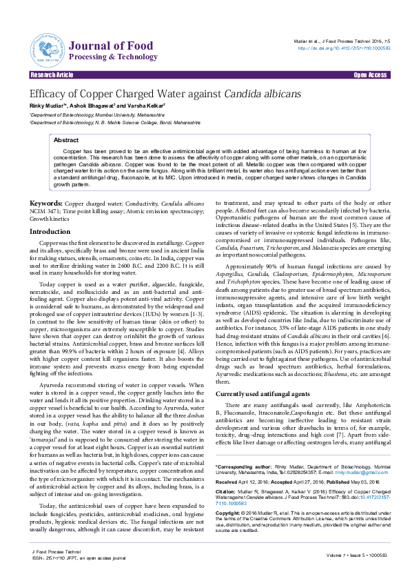  PDF Journal Of Food Processing Technology Efficacy Of Copper Charged Water Against Candida 