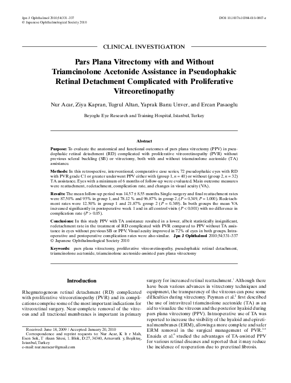 (PDF) Pars plana vitrectomy with and without triamcinolone acetonide ...