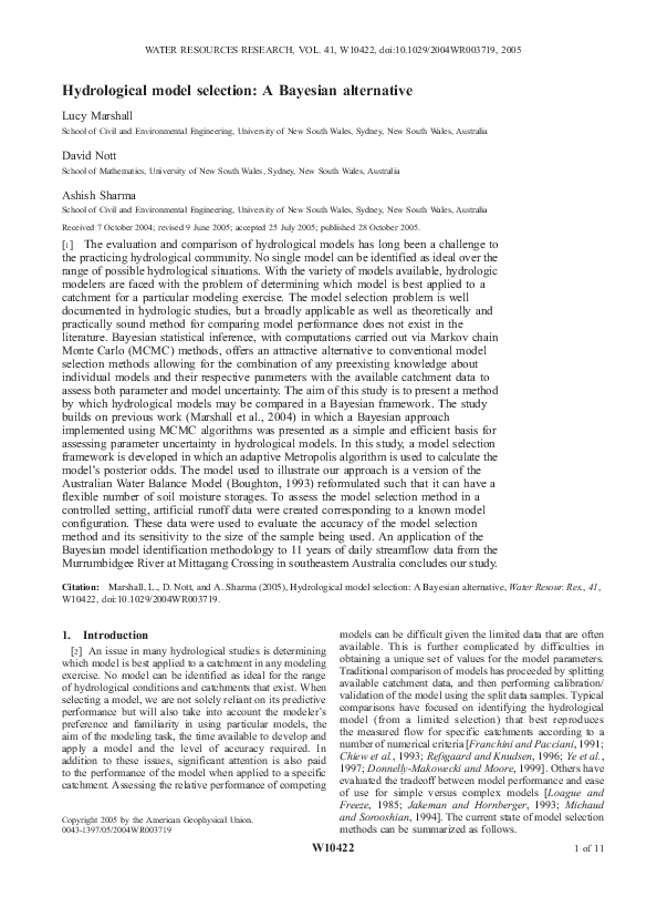 (PDF) Hydrological model selection: A Bayesian alternative