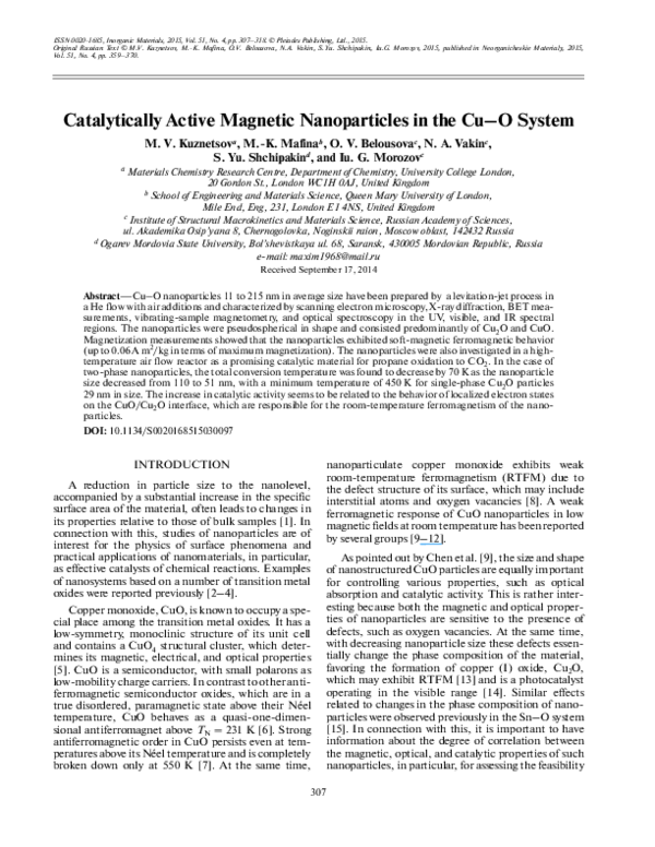 (PDF) Catalytically active magnetic nanoparticles in the Cu-O system