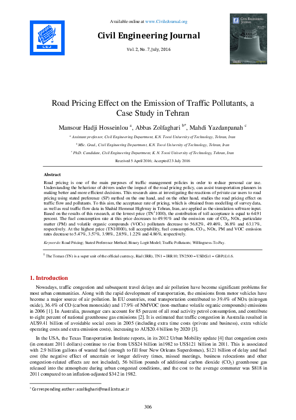 (PDF) Road Pricing Effect on the Emission of Traffic Pollutants, a Case ...
