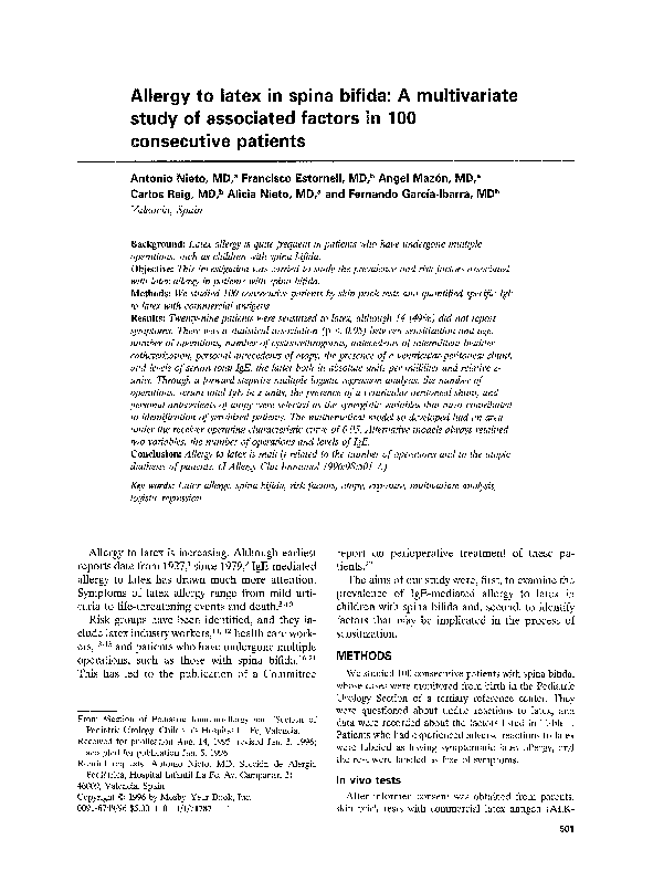 (PDF) Allergy to latex in spina bifida A multivariate study of