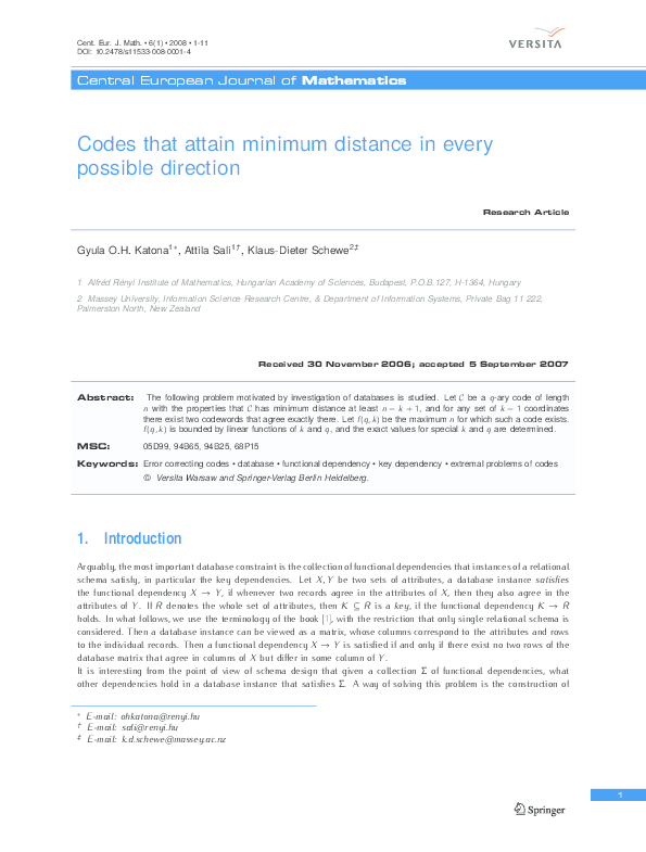 (PDF) Codes that attain minimum distance in every possible direction