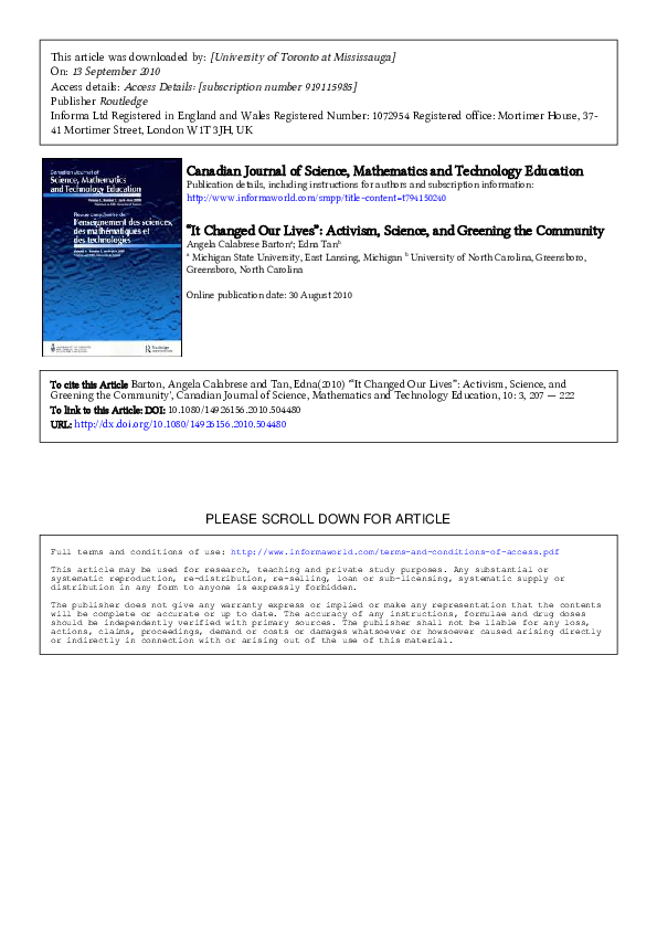 (PDF) It Changed Our Lives'': Activism, Science, and Greening the Community