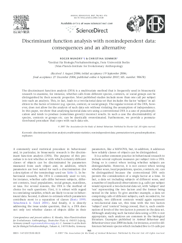 (PDF) Discriminant function analysis with nonindependent data ...