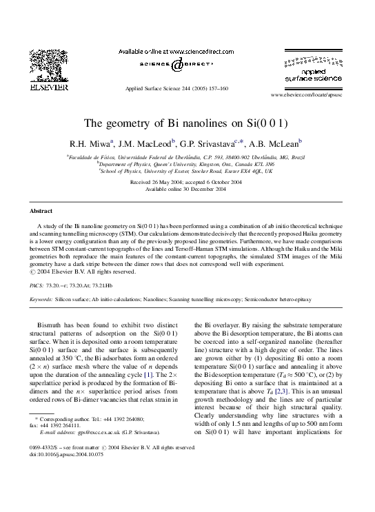 (PDF) The geometry of Bi nanolines on Si(001) R. Miwa, G. Srivastava