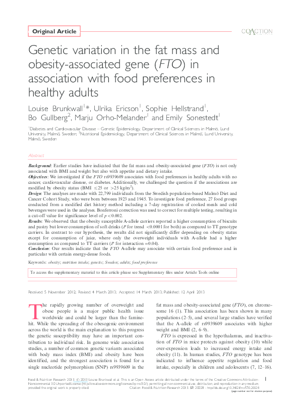 (PDF) Genetic variation in the fat mass and obesity-associated gene ...