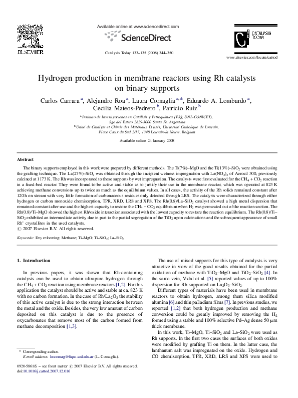 (PDF) Hydrogen production in membrane reactors using Rh catalysts on ...