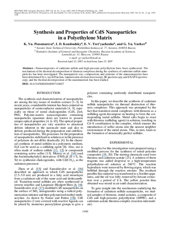 (PDF) Synthesis and properties of CdS nanoparticles in a polyethylene ...