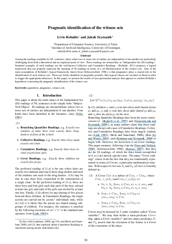 Pdf Pragmatic Identification Of The Witness Sets Livio