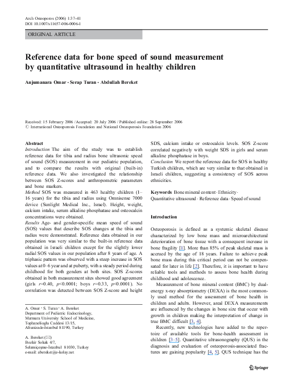 (PDF) Reference data for bone speed of sound measurement by quantitative ultrasound in healthy