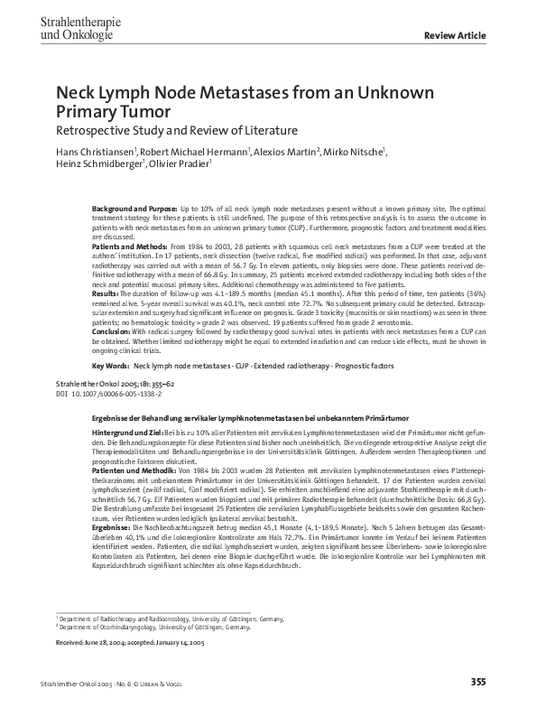 (PDF) Neck lymph node metastases from an unknown primary tumor ...