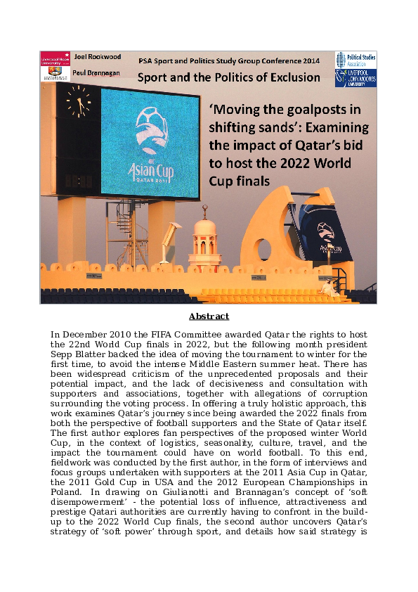 (DOC) Political Studies Association's Sport Politics Conferecne (2014) - ‘Moving the goalposts 