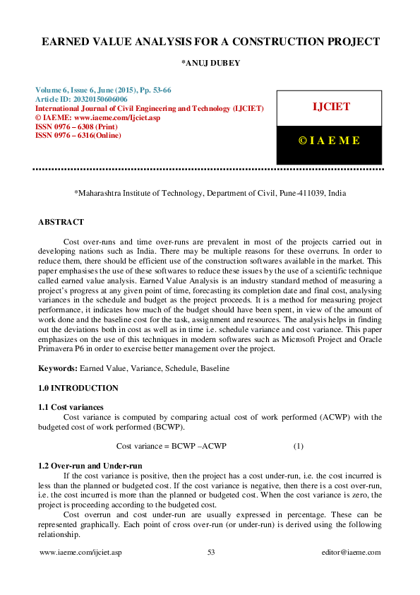 (PDF) EARNED VALUE ANALYSIS FOR A CONSTRUCTION PROJECT