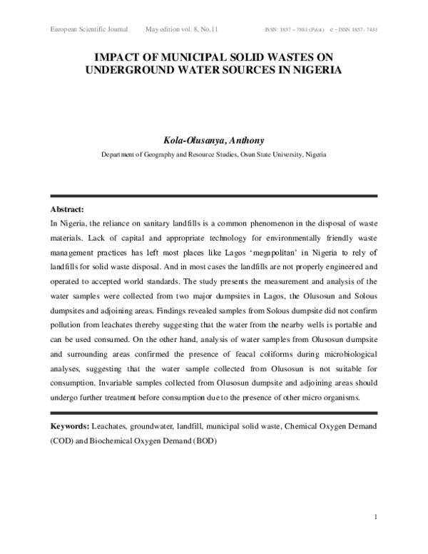 (PDF) Impact of Municipal Solid Wastes on Underground Water Sources in ...