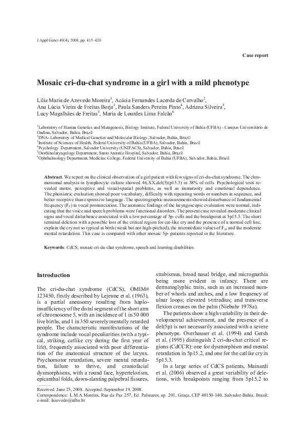 Pdf Mosaic Cri Du Chat Syndrome In A Girl With A Mild Phenotype Adriana Silveira Academia Edu