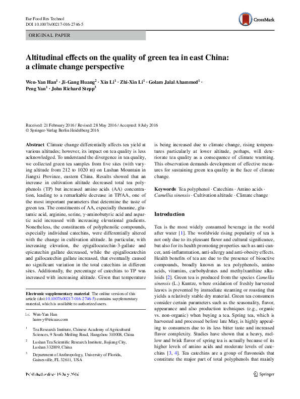 (PDF) Altitudinal effects on the quality of green tea in east China: a ...