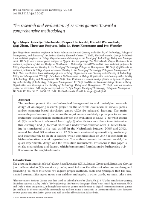 (PDF) The research and evaluation of serious games: Toward a ...