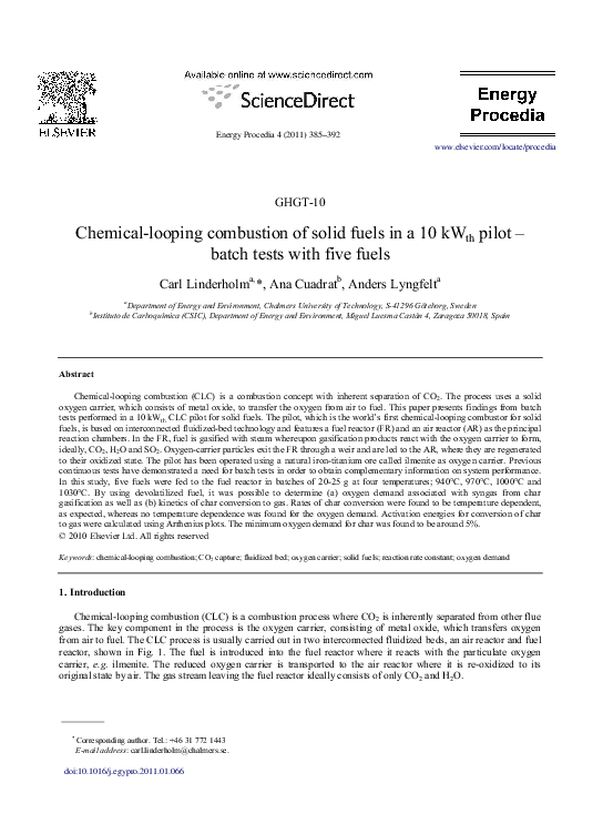 (PDF) Chemicallooping combustion of solid fuels in a 10 kWth pilot