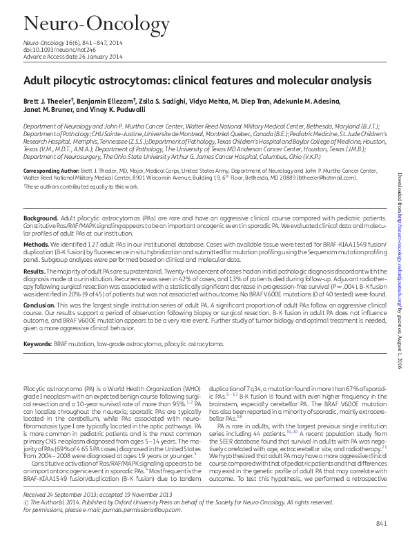 (PDF) Adult pilocytic astrocytomas: clinical features and molecular ...