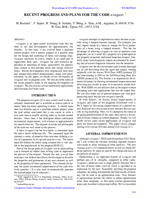 (PDF) Recent Progress and Plans for the Code ELEGANT