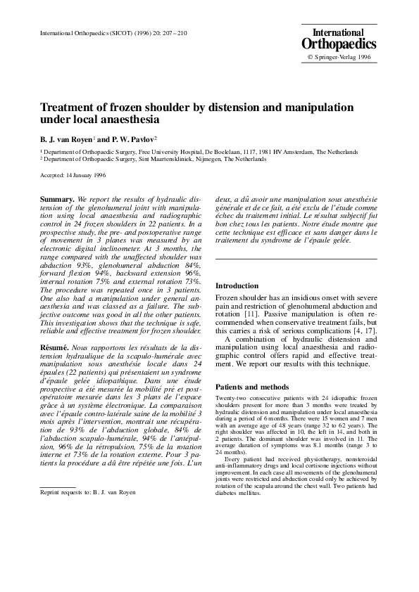 (PDF) Treatment of frozen shoulder by distension and manipulation under