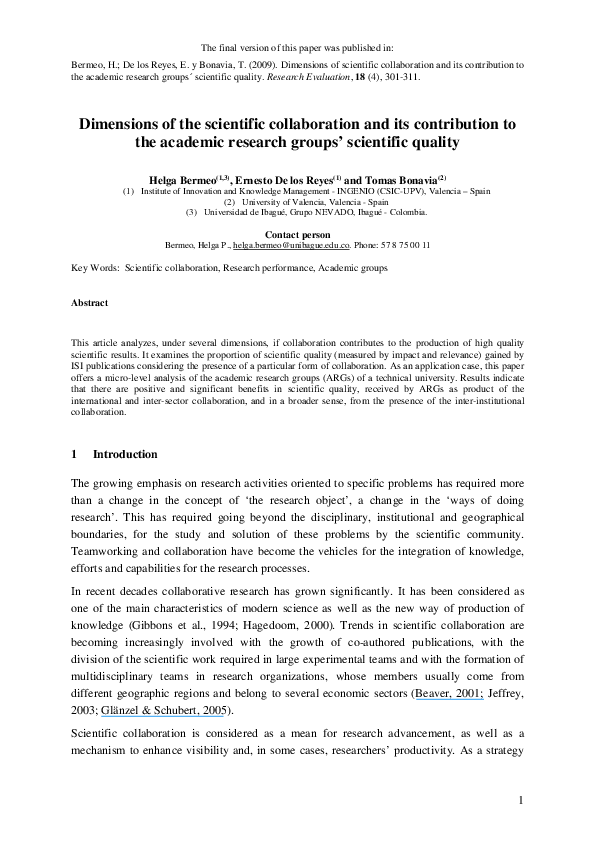 (PDF) Dimensions of scientific collaboration and its contribution to ...