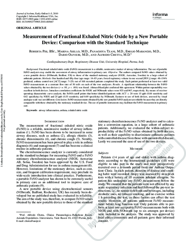 (PDF) Measurement of Fractional Exhaled Nitric Oxide by a New Portable ...