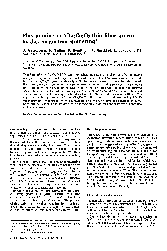 (PDF) Flux pinning in YBa2Cu3O7 thin films grown by d.c. magnetron ...