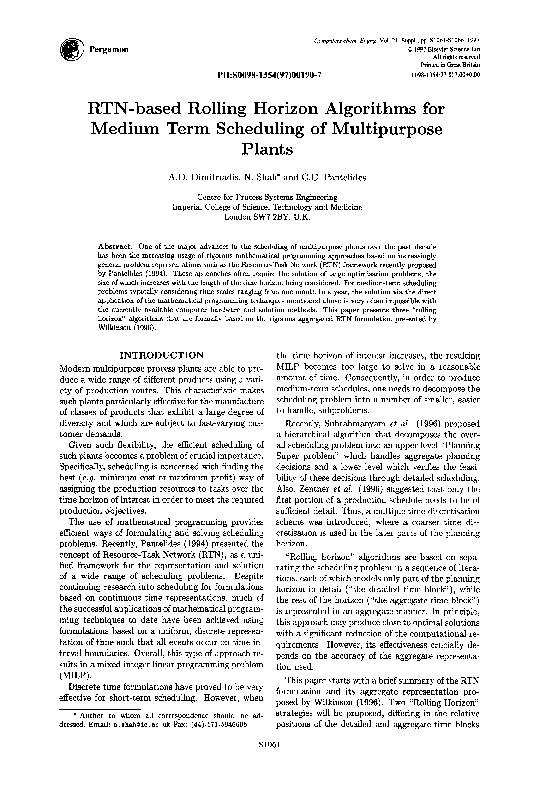 Pdf Rtn Based Rolling Horizon Algorithms For Medium Term Scheduling Of Multipurpose Plants Nilay Shah Academia Edu