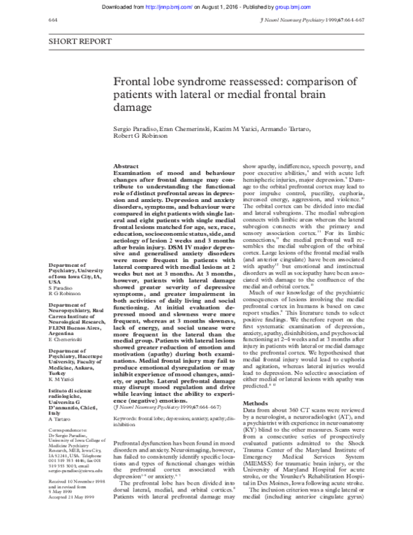 (PDF) Frontal lobe syndrome reassessed: comparison of patients with ...