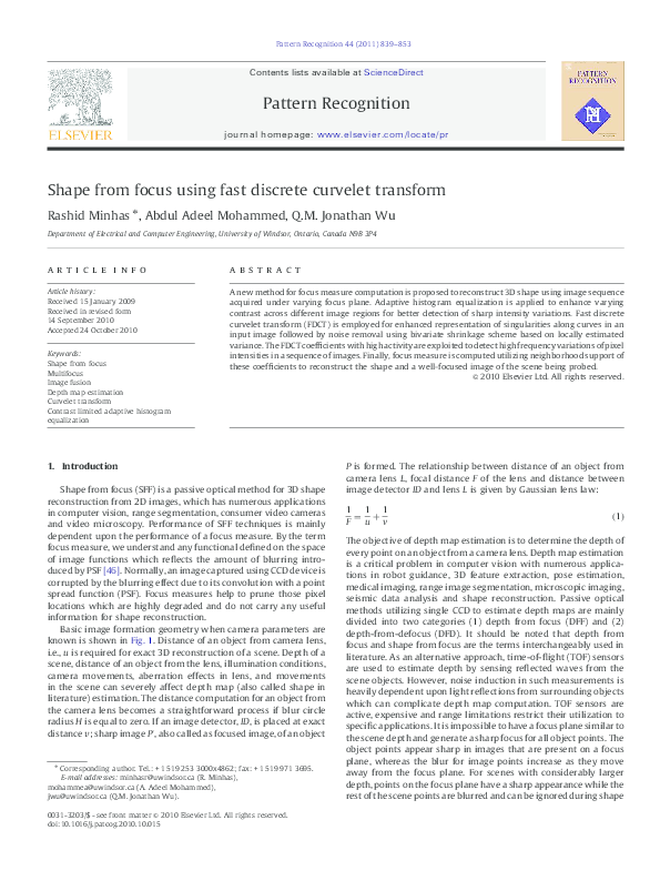 (PDF) Shape from focus using fast discrete curvelet transform