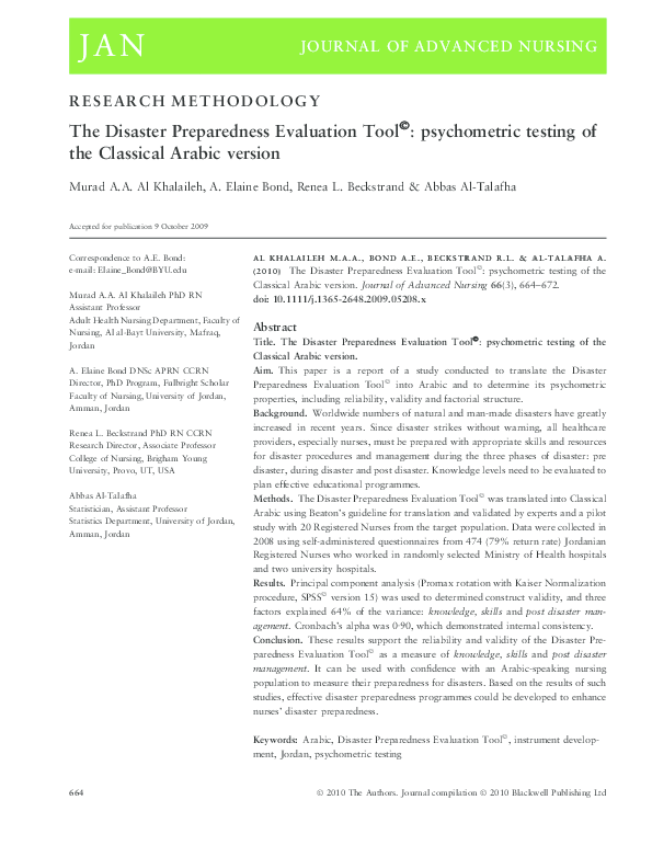 (PDF) The Disaster Preparedness Evaluation Tool Ó Ó : psychometric ...