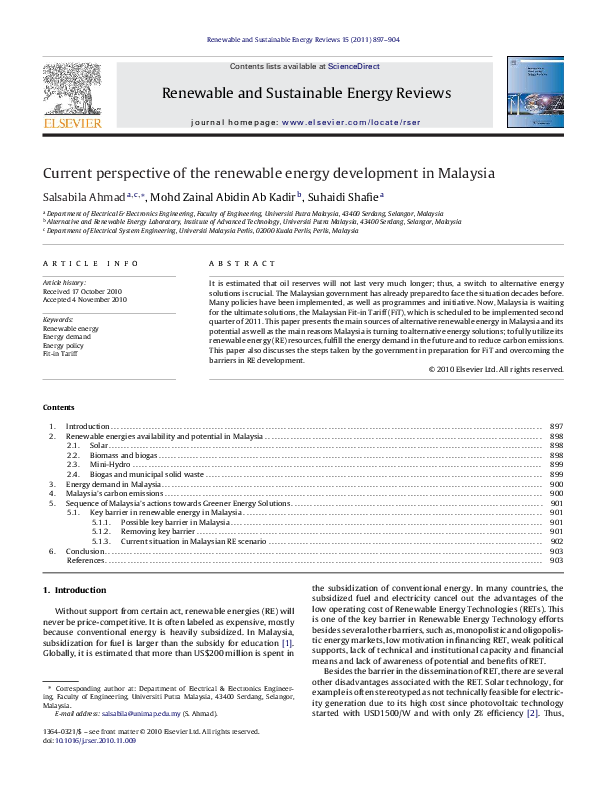 (PDF) Current perspective of the renewable energy development in Malaysia