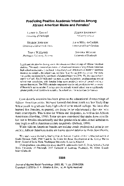 (PDF) Predicting Positive Academic Intention Among African American ...