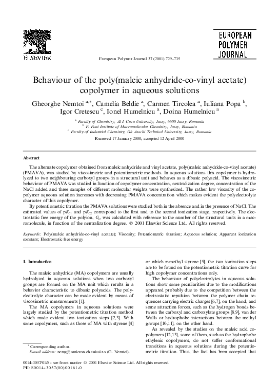 (PDF) Behaviour of the poly(maleic anhydridecovinyl acetate