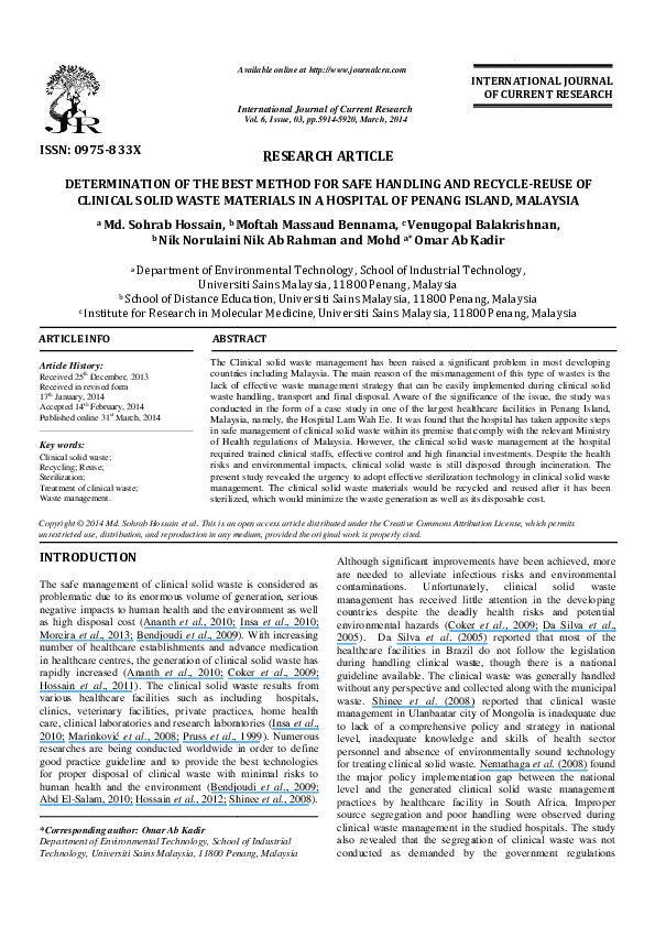 (PDF) Determination of the Best Method for Safe Handling and Recycle ...