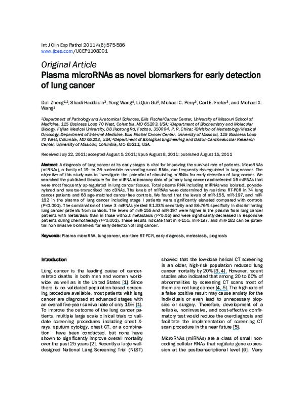 (PDF) Plasma microRNAs as novel biomarkers for early detection of lung ...