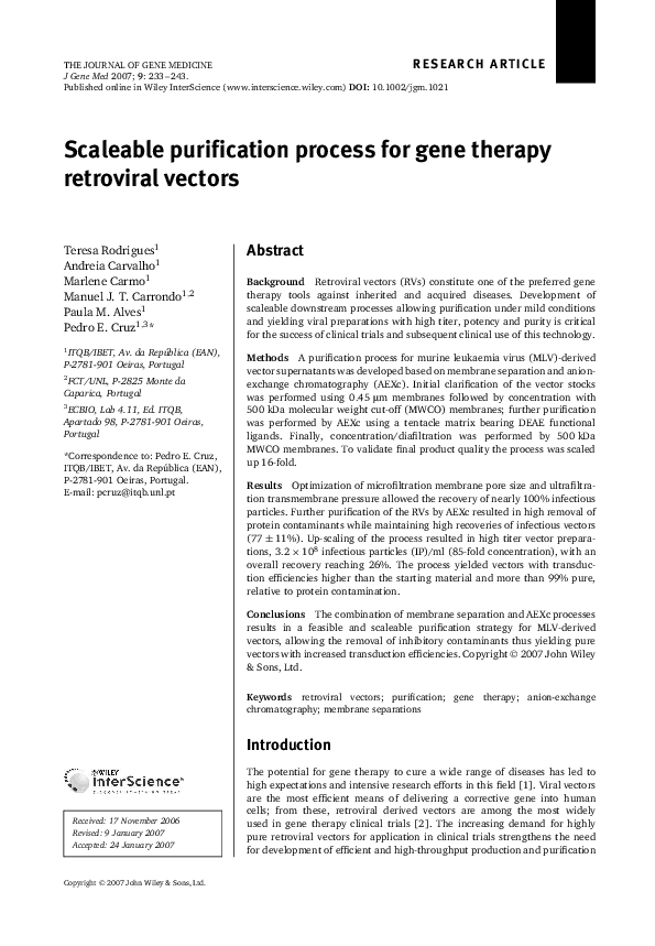 (PDF) Scaleable purification process for gene therapy retroviral vectors