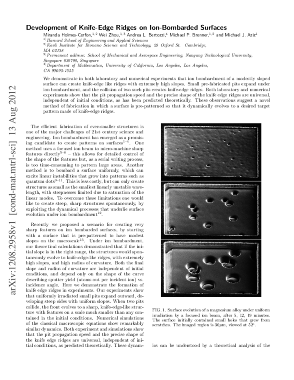 (PDF) Development of knife-edge ridges on ion-bombarded surfaces