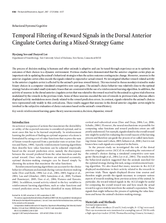 (PDF) Temporal filtering of reward signals in the dorsal anterior ...