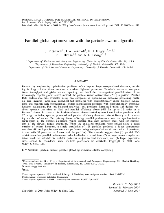 (PDF) Parallel global optimization with the particle swarm algorithm