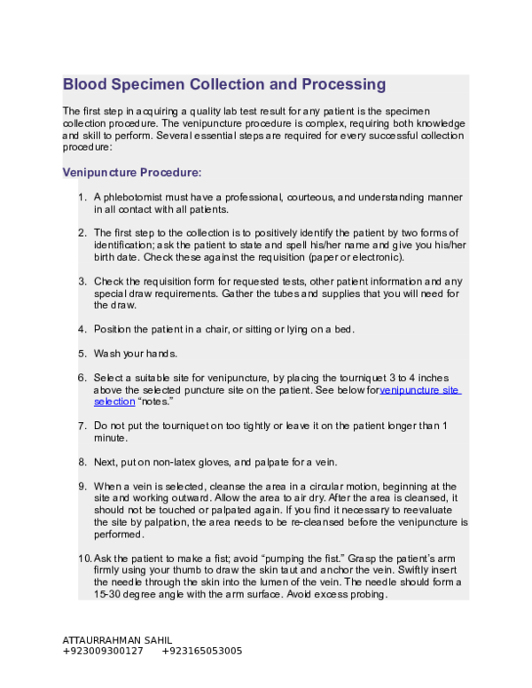 (DOC) Blood Specimen Collection and Processing ATTA UR REHMAN SAHIL