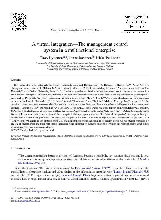 (PDF) A virtual integration—The management control system in a ...