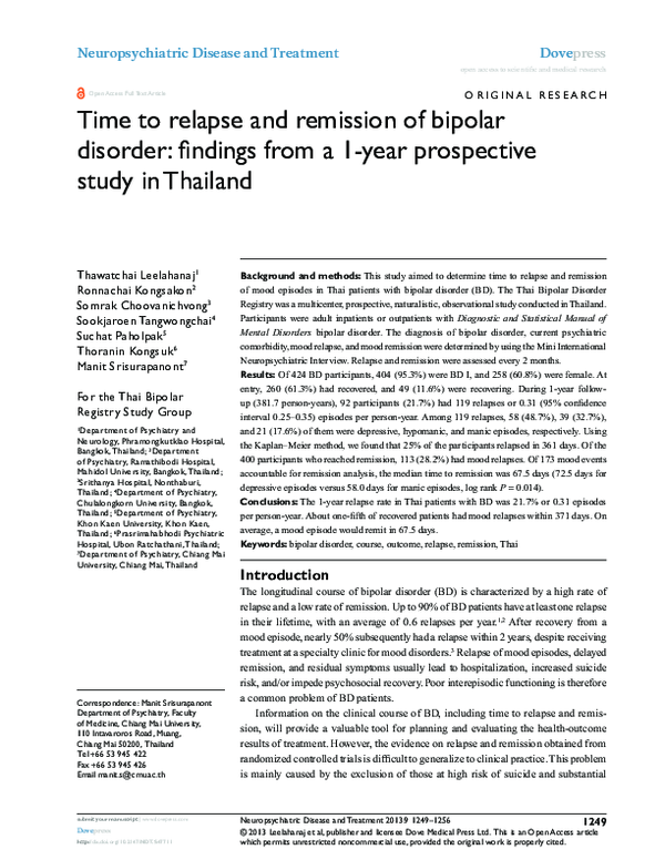 (PDF) Time to relapse and remission of bipolar disorder: findings from ...