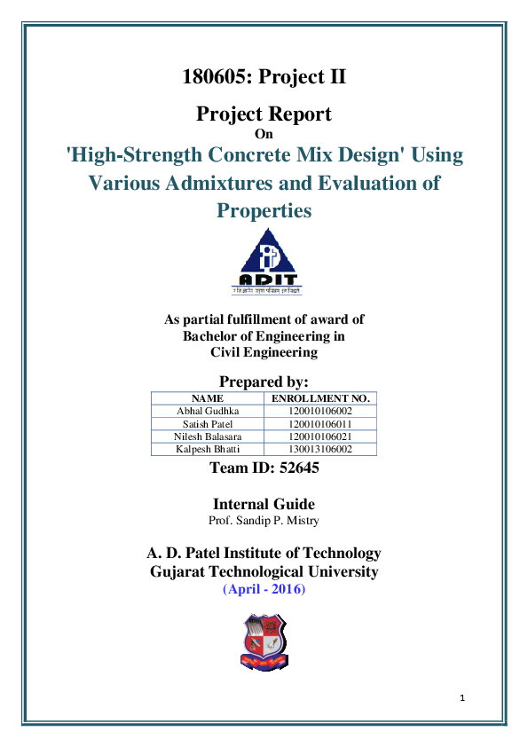 (PDF) Project Report On 'HighStrength Concrete Mix Design' Using