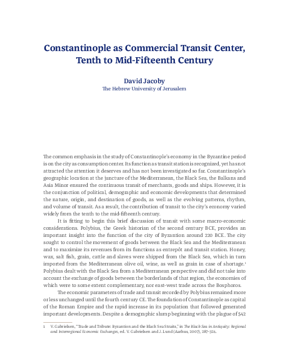 Constantinople as Commercial Transit Center, Tenth to Mid-Fifteenth Century