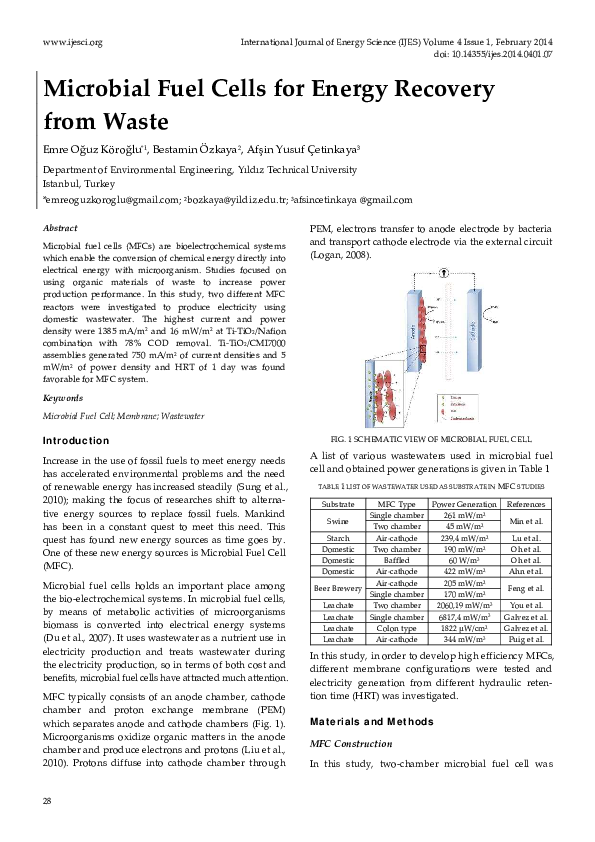 (PDF) Microbial Fuel Cells for Energy Recovery from Waste Co. SEP