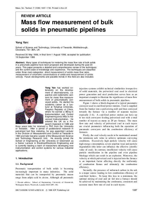 (PDF) Mass flow measurement of bulk solids in pneumatic pipelines