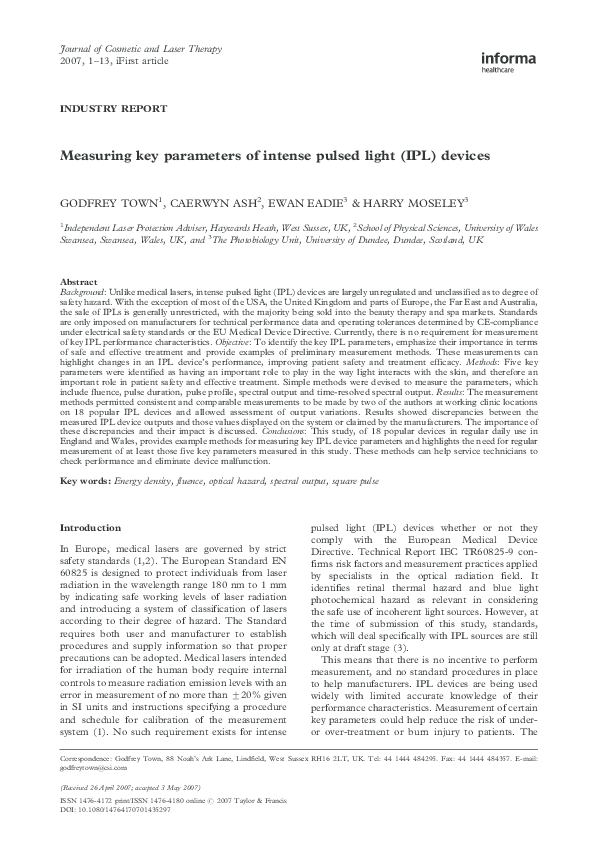 (PDF) Measuring key parameters of intense pulsed light (IPL) devices